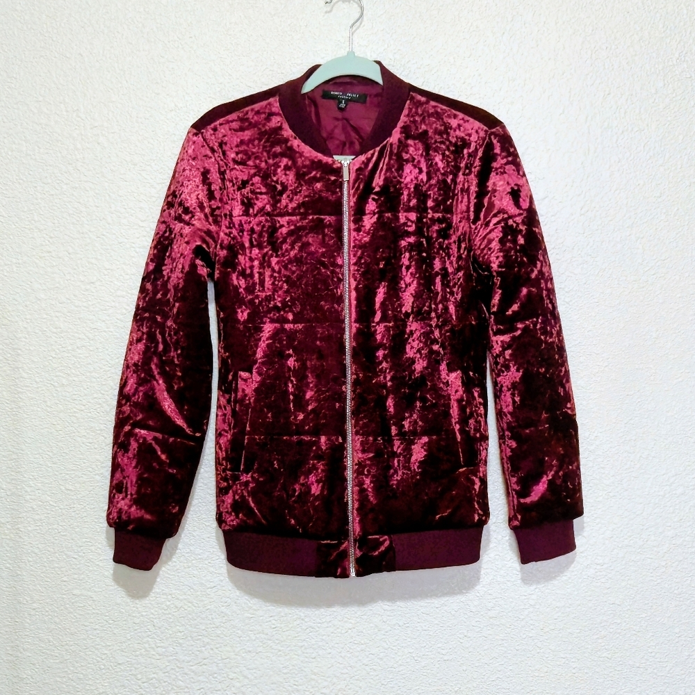 Romeo & Juliet Couture Crushed Velvet Burgundy Bomber Jacket - Size S